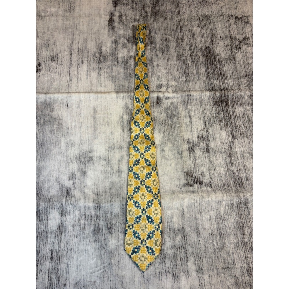 V2one Valentino Silk Tie Geometric Gold Teal Blue Made in Italy Necktie